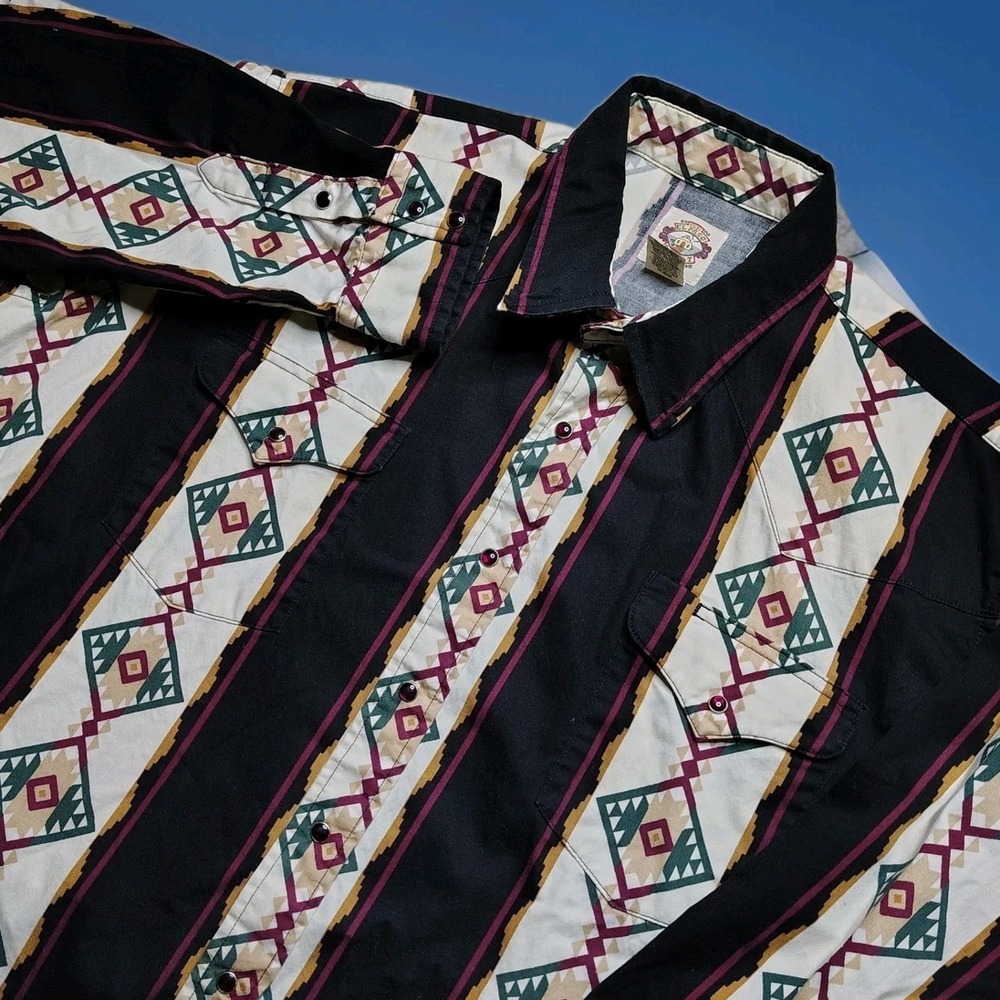 Old El Paso Western Aztec Pearl Snap Shirt Mens XL Black Southwestern Long Tail